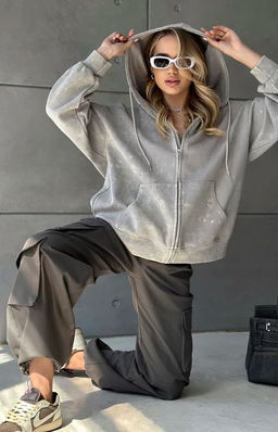 K12693 Толстовка с капюшоном на молнии OVER SIZE (плотный хлопок) СВ_СЕРЫЙ