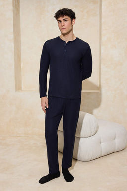 Lacivert Regular Yumusak Waffle Orme Pijama Tak?m? TMNAW26PT00066