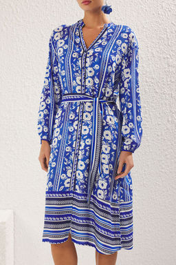 Cicek Desenli Dokuma Plaj Midi Elbise TBESS25EL00012 - Trendyolmilla фото 4