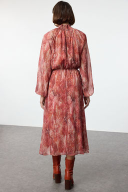 TRENDYOLMILLA Kiremit Sal Desen Gipeli Midi Astarl? Dokuma K?sl?k Elbise TWOAW25EL00142  фото 5