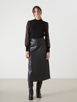 Standart Fit D?z Deri G?r?n?ml? Kad?n Etek