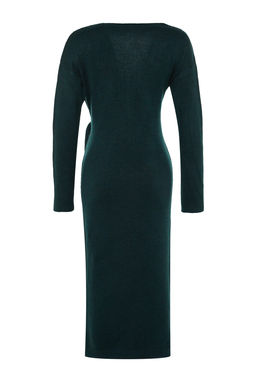 Zumrut Yesili Yumusak Dokulu Midi Triko Kruvaze Yaka Baglamal? Elbise TWOAW21EL0260