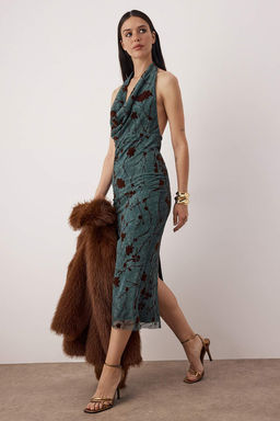 Zumrut Yesili Cicekli Tul Orme Astarl? Midi S?k Elbise TPRAW26EL00140 - Trendyolmilla фото 4