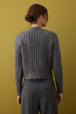 Antrasit Yumusak Dokulu Inci Dugme Detayl? Crop Triko H?rka TWOAW26HI00185