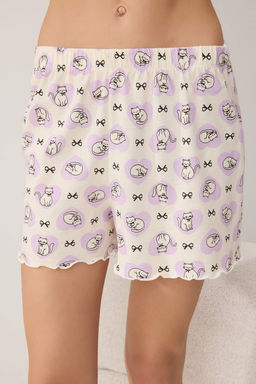 Lila %100 Pamuklu Kedi ve Kurdele Bask?l? Orme Pijama Tak?m? THMSS26PT00173