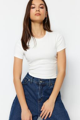 Trendyolmilla Beyaz Biye Detayl? Bisiklet Yaka Crop Fitilli Esnek Orme Bluz TWOAW21BZ0638  фото 8