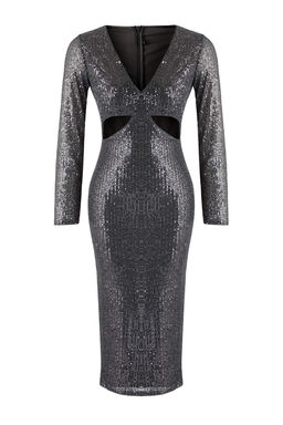Antrasit Cut Out Detayl? Orme Payet Midi Astarl? S?k/Gece Elbise