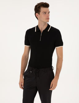 Siyah Slim Fit Polo Yaka Fermuarl_ Triko Kazak - Pierre cardin фото 3