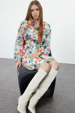 Cok Renkli Cicek Desenli Belden Ac?lan Mini Astarl? Sifon Ucus Ucus Dokuma Elbise TWOAW24EL00841