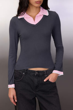 Teen Lacivert Ekose/Kareli Fitted/Vucuda Oturan Dokuma Detayl? Orme Bluz TWOAW26BZ00008 - Trendyolmilla фото 11