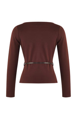 Kahverengi Kemer Detayl? Dik Yaka Uzun Kol Esnek Orme Bluz TWOAW26BZ00084