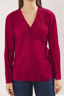 Trendyolmilla Bordo Pilise Baglama Detayl? Kruvaze Uzun Orme Bluz TWOSS25BZ00016  фото 3