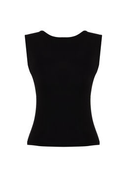 Siyah S?rt Dekolteli Fitted Regular Boy Pamuklu Esnek Orme Bluz TWOSS24BZ00031