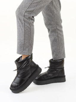 04-WA003-1M BLACK Ботинки зимние женские (натуральная кожа, курточная ткань, 100% шерсть)