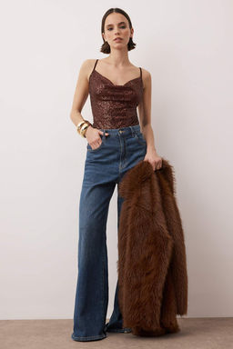 Koyu Kahverengi Degaje Yaka Ask?l? Orme Payet C?tc?tl? Body TPRAW26BD00030