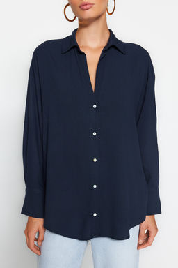 Lacivert Basic Oversize Genis Kal?p Dokuma Gomlek TWOAW24GO00207