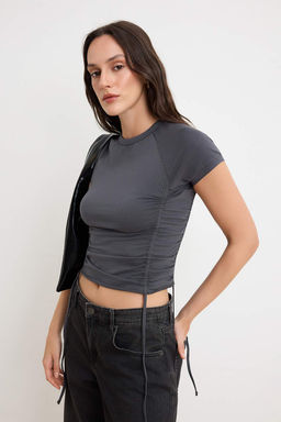 Antrasit Fitted/Vucuda Oturan K?sa Kollu Buzgulu Yumusak Orme Bluz TWOSS26BZ00776