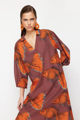 TRENDYOLMILLA Bal?k Desenli Genis Kal?p Dokuma %100 Pamuk Midi Plaj Elbisesi TBESS22EL0009 фото 3