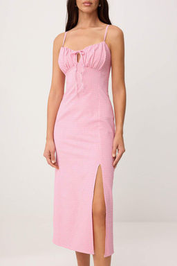 Pembe Ekose/Kareli Baglama Detayl? Ask?l? Midi Dokuma Elbise TWOSS26EL00126 - Trendyolmilla фото 4