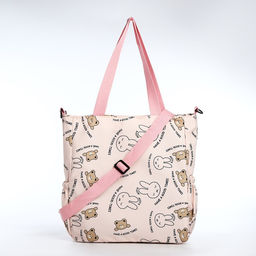 Сумка текстильная шопер на молнии, 33.5×9×36 см, бежевая/розовая