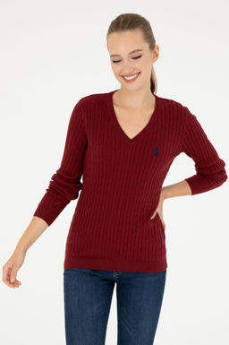 Женский бордовый базовый свитер с v-образным вырезом Неожиданная скидка в корзине