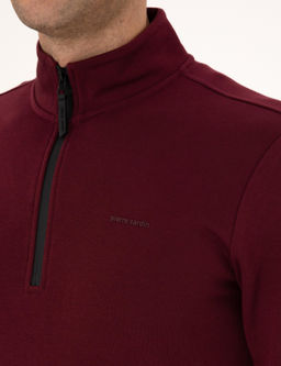 Bordo 3 _plik Regular Fit Fermuarl_ Dik Yaka Basic Sweatshirt