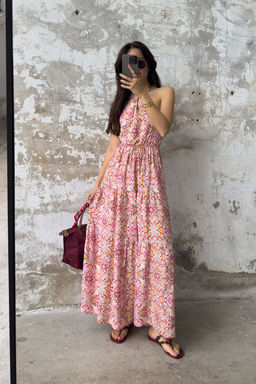 Pembe Sal Desen Dokuma Maxi Elbise TWOSS25EL00700