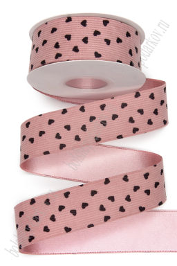 Лента вельвет/атлас "Сердечки" 3,8 см*10 ярд (SF-8058) дымчато-розовый №3