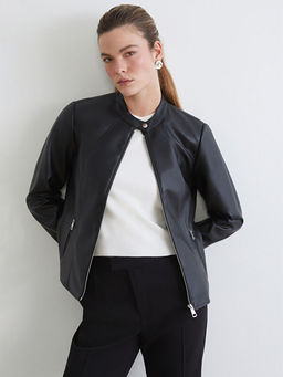 Bisiklet Yaka Kad?n Deri G?r?n?ml? Ceket