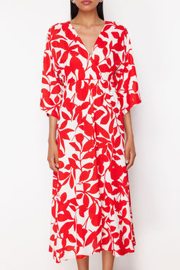 K?rm?z? Sal Desen A Kesim Kruvaze Yaka Midi Dokuma Elbise DWOSS24EL00913