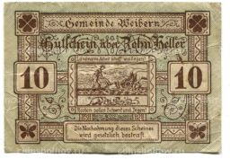 10 геллеров 1920 года Австрия Нотгельд  Вайберн
