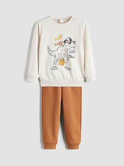 Bisiklet Yaka Bask?l? Erkek ?ocuk Sweatshirt ve E?ofman Alt 2li