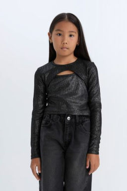 K?z Cocuk Y?lbas? Temal? Slim Fit Dar Kesim Bisiklet Yaka Parlak Kumas Fitilli Kaskorse Uzun Kollu Tisort