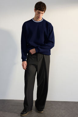 TRENDYOL MAN Indigo Premium Oversize/Genis Kesim Yaka Triko Bant Basic Ici Polarl? Sweatshirt TMNAW25SW00093 - Trendyolmilla фото 3