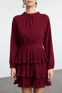 Bordo Skater/Belden Ac?lan Piliseli Dik Yaka Mini Dokuma Elbise TWOAW25EL00253 - Trendyolmilla фото 3