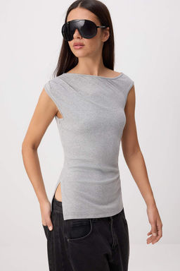 Gri Melanj Fitted/Vucuda Oturan Asimetrik Yaka Kolsuz Yumusak Orme Bluz TWOSS26BZ00793
