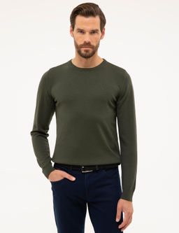 Ye_il Slim Fit Bisiklet Yaka Basic Triko Kazak