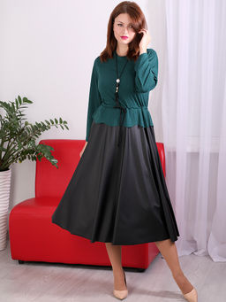 Платье комбинированное с трикотажем и кожей - Almond фото 2