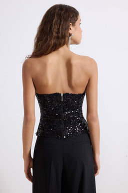 Siyah Straplez Yaka Pul Payet Party Bluz TPRSS26BZ00054