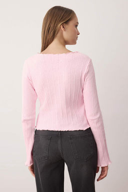 Ac?k Pembe Jakarl? Fitted/Vucuda Oturan Dugme Detayl? Esnek Orme Bluz TWOAW26BZ00046