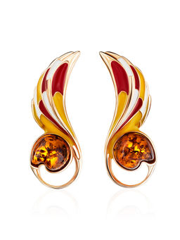 Красивые яркие серьги с эмалью и натуральным янтарём Суздаль