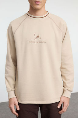 TRENDYOL MAN Bej Regular/Normal Kesim Dikis ve Yaka Triko Bant Detayl? Bask?l? Sweatshirt TMNAW25SW00166 - Trendyolmilla фото 14