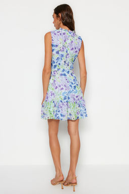 Mavi Cicekli A Kesim F?rf?rl? Astarl? Mini Dokuma Elbise TWOSS20EL0681