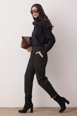 Siyah Pilili Genis Paca Extra Wide Leg Dokumlu Kumas Pantolon TWOAW26PL00155 - Trendyolmilla фото 5