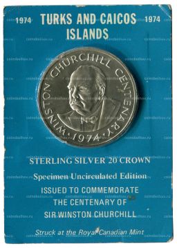 Монета 20 крон 1974 года Теркс и Кайкос 100 лет со дня рождения Уинстона Черчилля (в блистере)