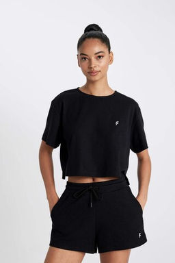 DeFactoFit Crop Bisiklet Yaka Sporcu Ribana K?sa Kollu Tisort  фото 2