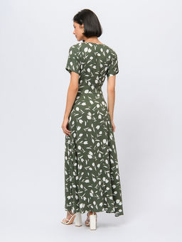 Платье цвета хаки с принтом и короткими рукавами - 1001dress фото 4