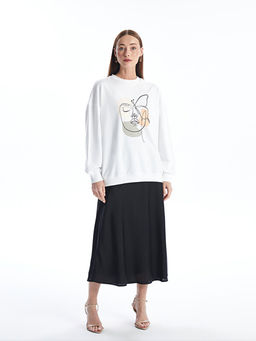 Bisiklet Yaka Bask?l? Oversize Kad?n Sweatshirt
