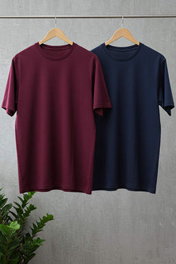 Unisex Bordo-Lacivert Oversize 2li Paket Basic %100 Pamuklu T-Shirt TMNSS24TS00038
