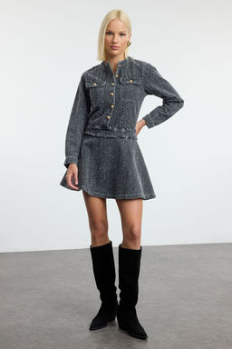 TRENDYOLMILLA Gri Dokulu Etegi Volanl? Mini Denim Elbise TWOAW25EL00515